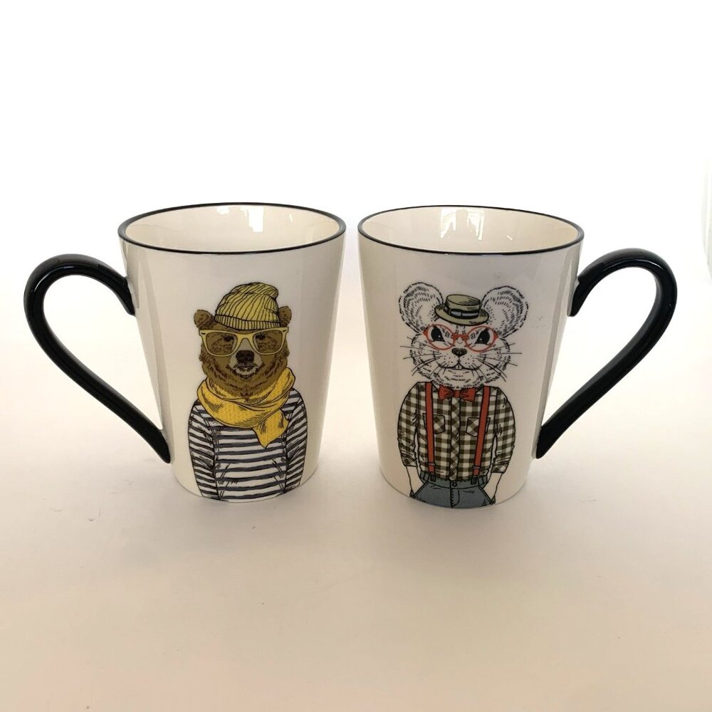 Lot of Two Hipster Coffee Tea Mugs Mouse Bear Signature Housewares Stoneware